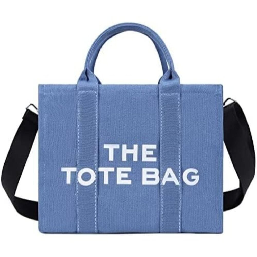 Women Blue Personalized Canvas with Zipper Top-Handle Crossbody Tote Handbag